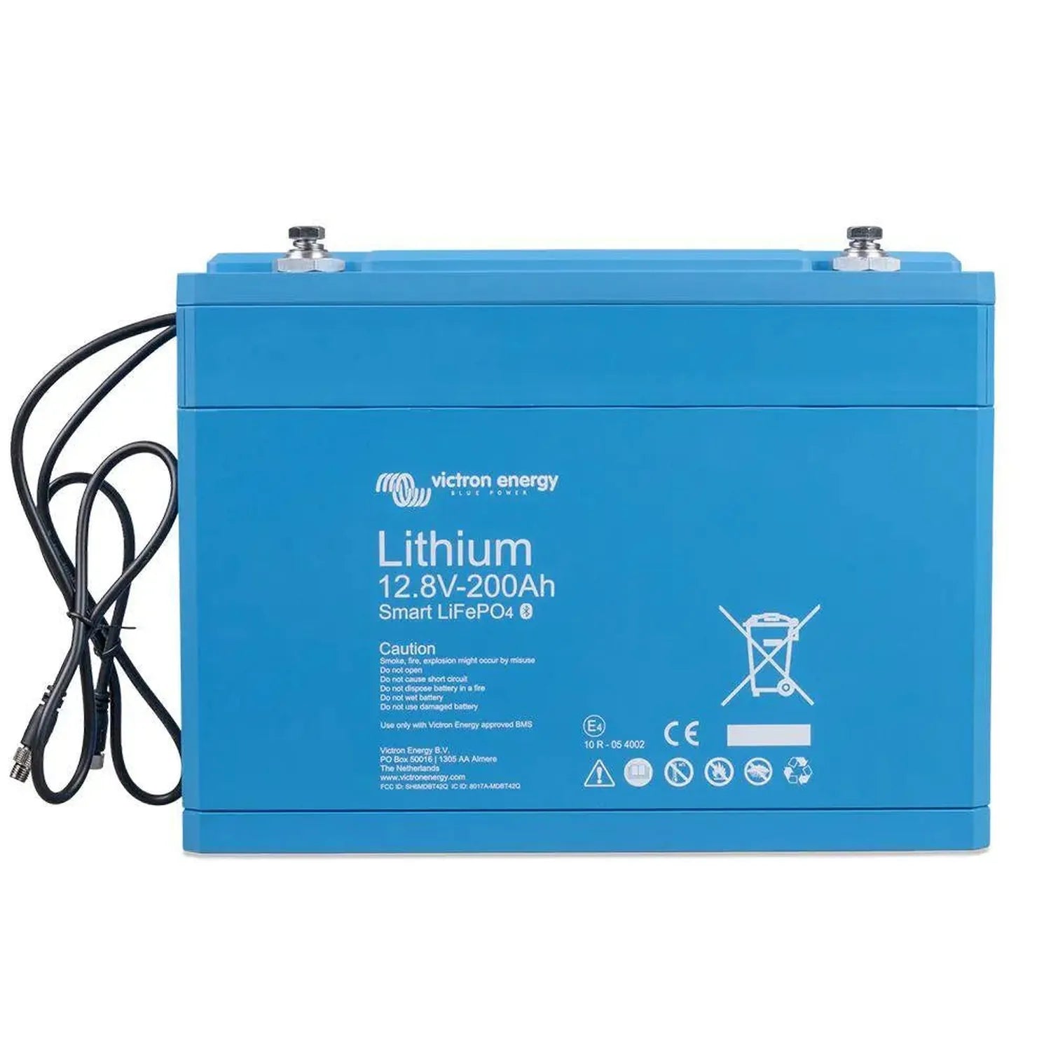 Victron Energy Lithium 12.8V-200Ah Smart LiFePO4 battery, bright blue rectangular case with two terminal posts and black powe