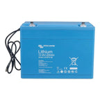 Victron Energy blue lithium battery 12.8V-200Ah with black power cable attached, front view showing product label and safety 