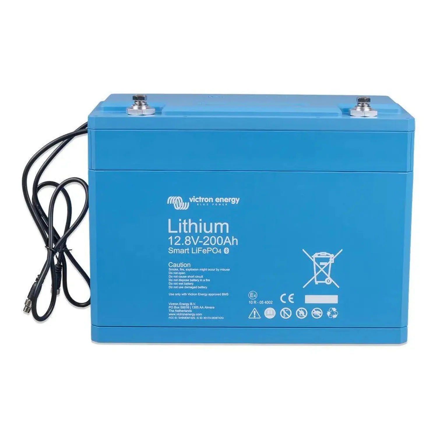 Victron Energy blue lithium battery 12.8V-200Ah with black power cable attached, front view showing product label and safety 