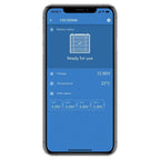 Smartphone displaying Victron battery management app showing 12V/200Ah battery status as ready for use, with 12.80V voltage, 