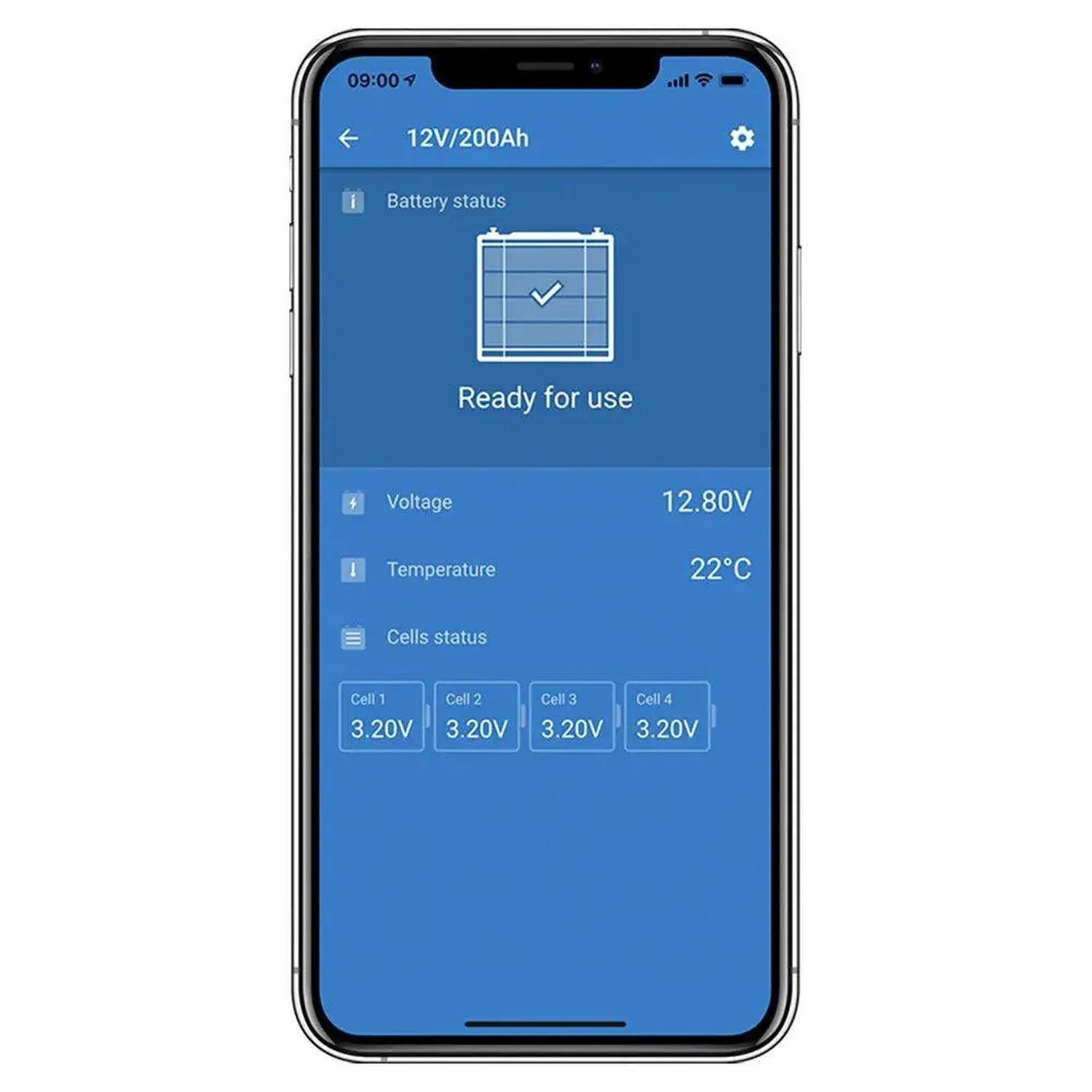 Smartphone displaying Victron battery management app showing 12V/200Ah battery status as ready for use, with 12.80V voltage, 