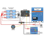 Wiring diagram showing Victron LiFePO4 battery system installation with BMS, inverter, charger, battery monitor, and protecti