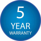 Blue circular warranty badge displaying "5 YEAR WARRANTY" in white text