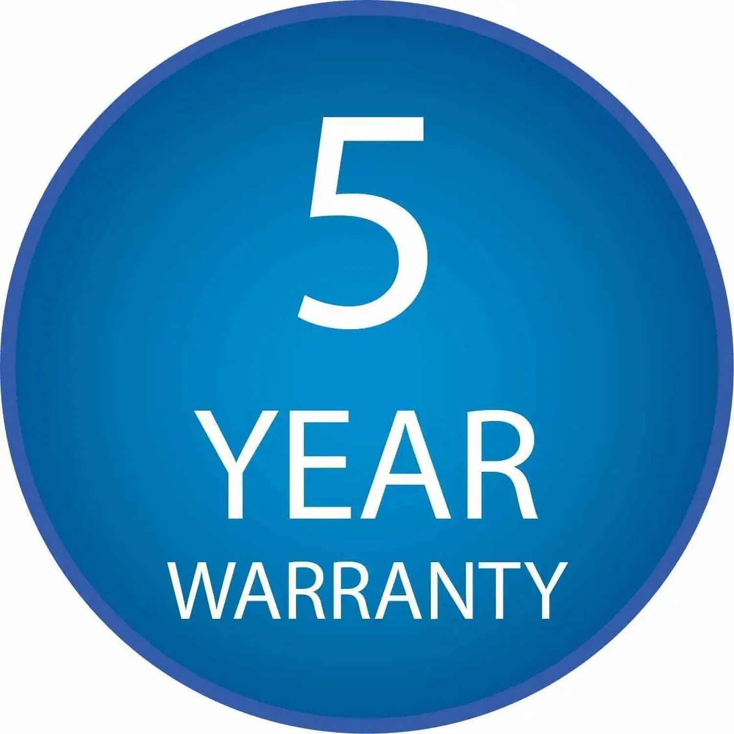 Blue circular warranty badge displaying "5 YEAR WARRANTY" in white text