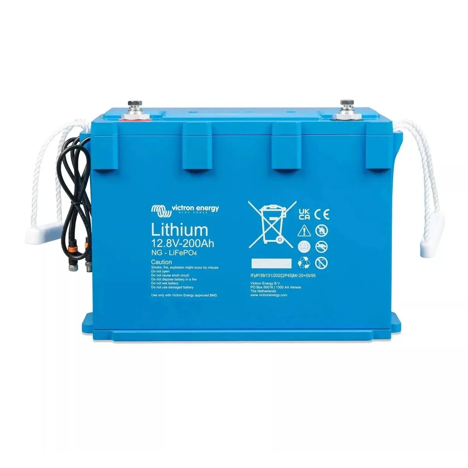Blue rectangular lithium battery with white rope handles and black power cable, Victron Energy branding visible on front.