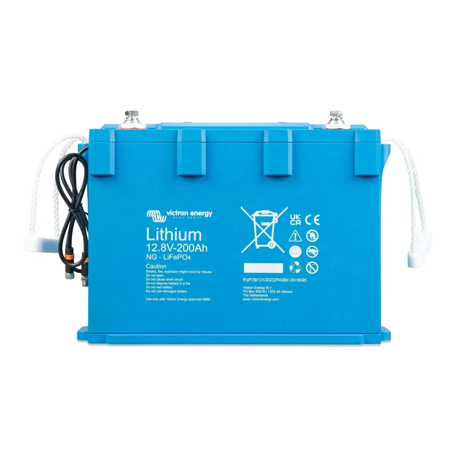 Victron Energy Lithium 12.8V-200Ah NG LiFePO4 battery, blue rectangular case with black cable attached, front view showing pr
