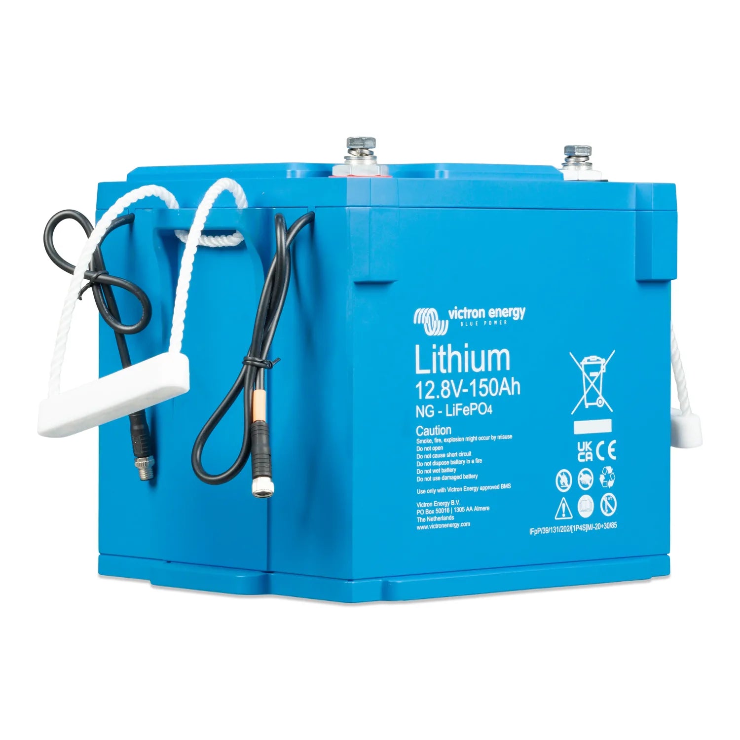Victron Energy Lithium 12.8V-150Ah blue battery with attached black and white cables against white background.