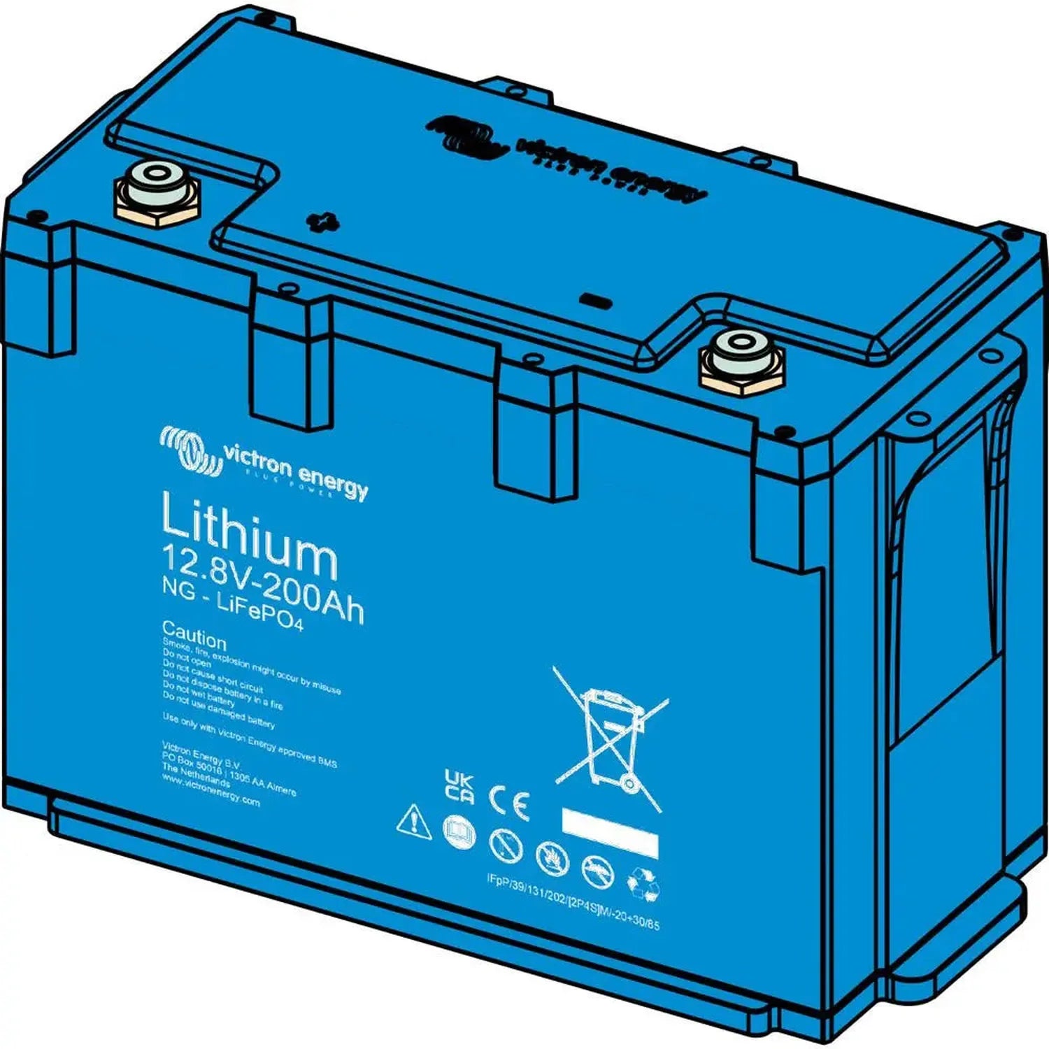 Victron Energy Lithium 12.8V 200Ah NG LiFePO4 battery, blue rectangular case with two terminal posts and safety warning label