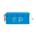 Victron Energy Lithium 12.8V 300Ah NG LiFePO4 battery, bright blue rectangular case with white handles and black power cable.