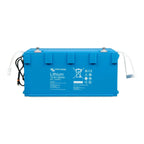 Victron Energy Lithium 12.8V 300Ah NG LiFePO4 battery, bright blue rectangular case with white handles and black power cable.