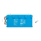 Victron Energy blue lithium 12.8V 300Ah battery with cables and safety certification labels visible on front face.