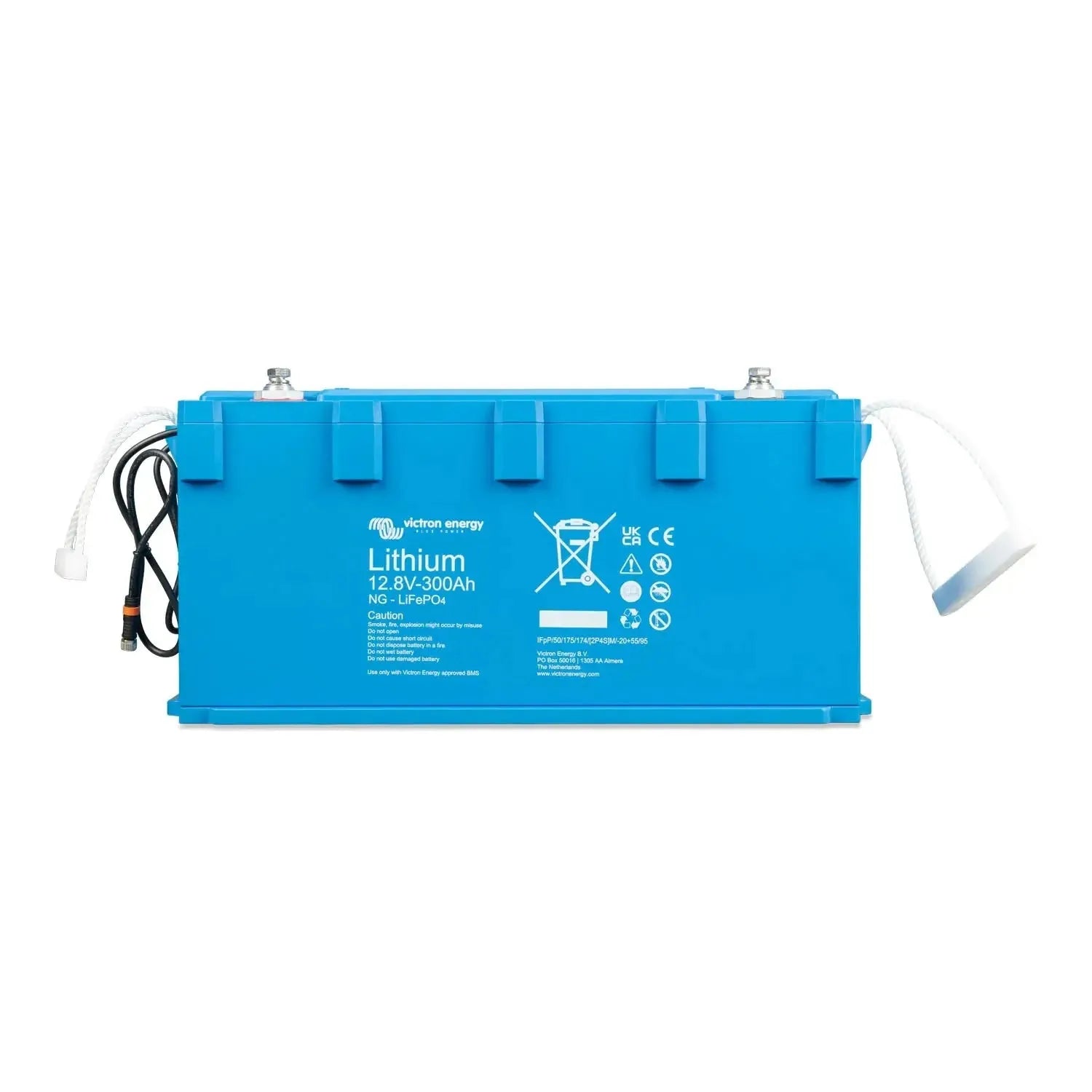 Victron Energy blue lithium 12.8V 300Ah battery with cables and safety certification labels visible on front face.