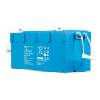 Victron Energy blue lithium 12.8V 300Ah battery with white handles and terminal posts, front product view.