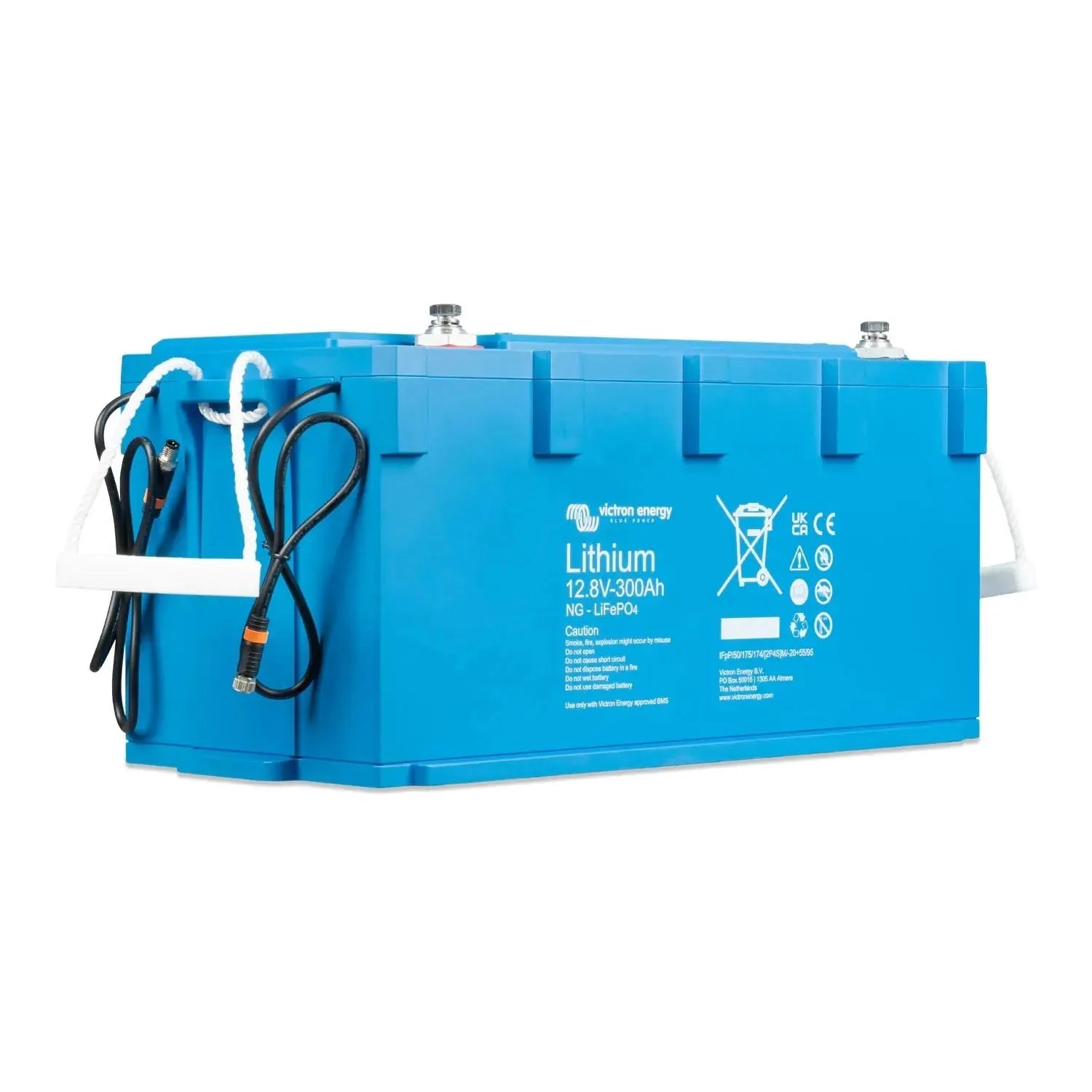 Victron Lithium 12.8V 300Ah battery in bright blue with attached cables and safety labels on white background.