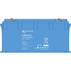 Blue Victron Lithium 12.8V 300Ah battery with terminal connectors and safety certification icons on front label.