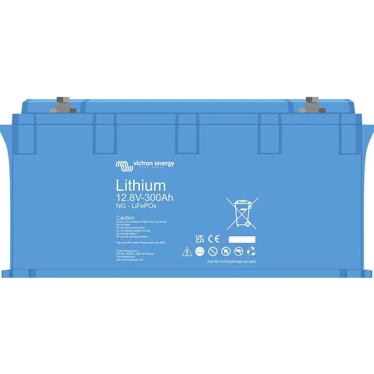 Blue Victron Lithium 12.8V 300Ah battery with terminal connectors and safety certification icons on front label.