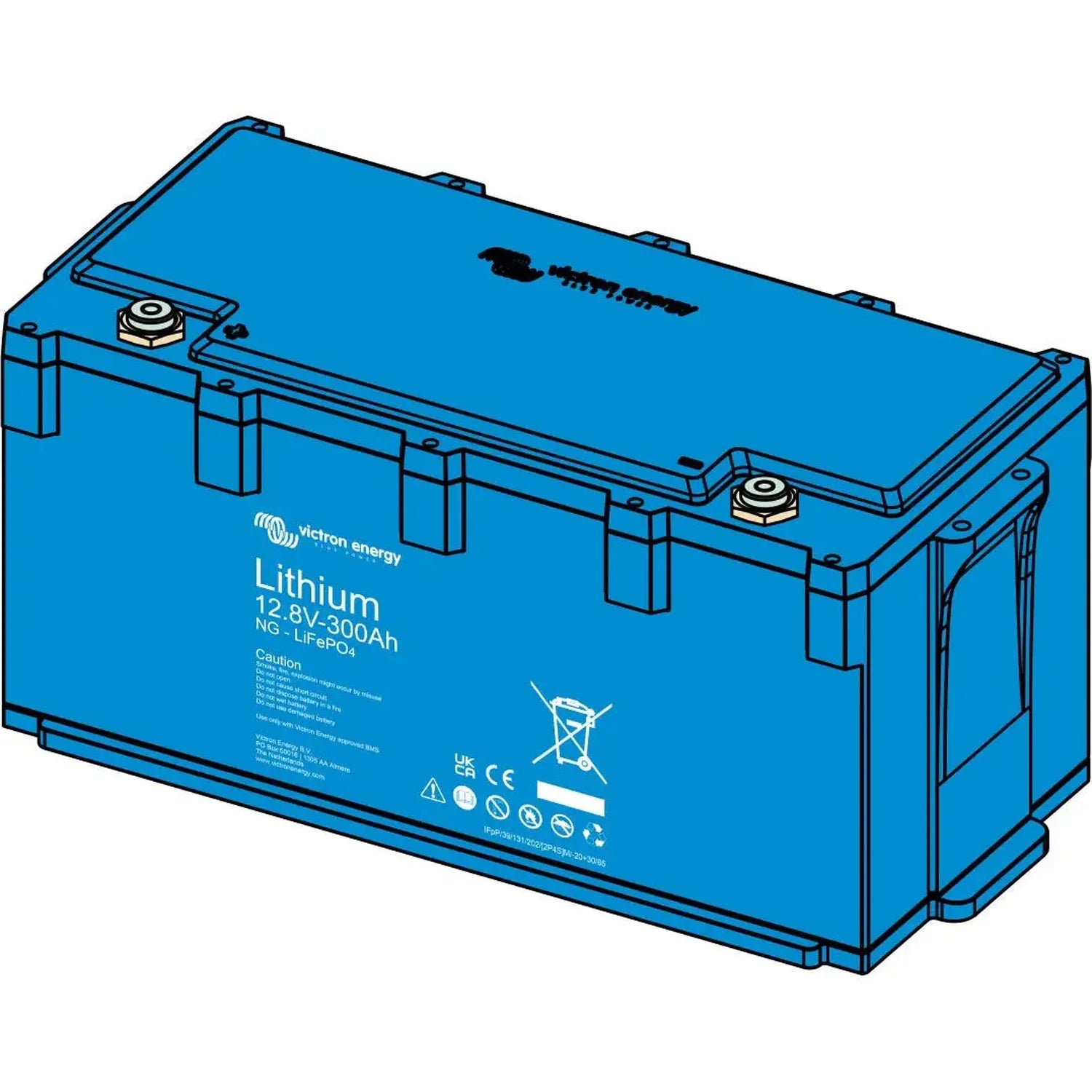 Victron Energy Lithium 12.8V-300Ah NG-LiFePO4 battery, blue rectangular case with terminals, isometric product illustration.