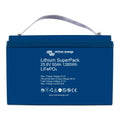 Victron Energy Lithium SuperPack 25.6V 50Ah battery with blue case and gray carry handle, front view showing specifications.