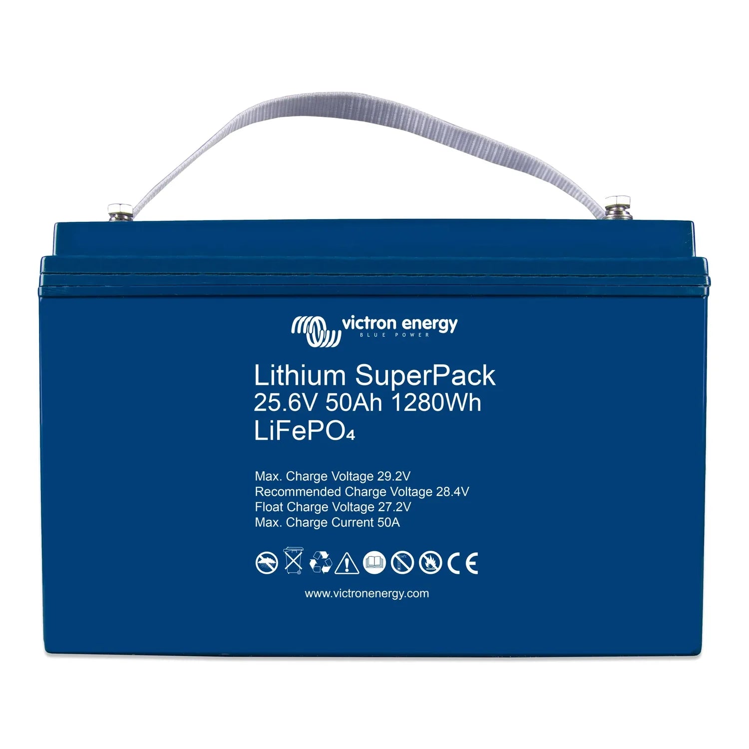 Victron Energy Lithium SuperPack 25.6V 50Ah battery with blue case and gray carry handle, front view showing specifications.