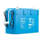 Bright blue Victron Lithium 25.6V 100Ah NG-LiFePO4 battery with black cables and white rope handle attached to the left side.