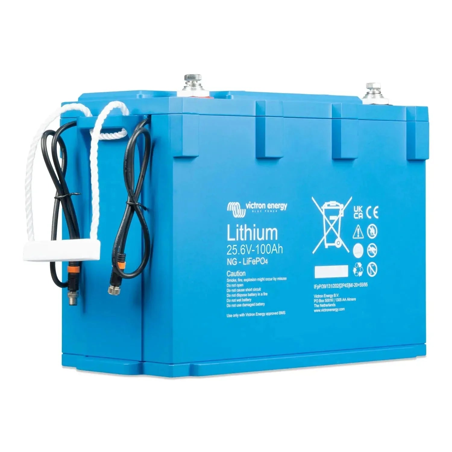Bright blue Victron Lithium 25.6V 100Ah NG-LiFePO4 battery with black cables and white rope handle attached to the left side.