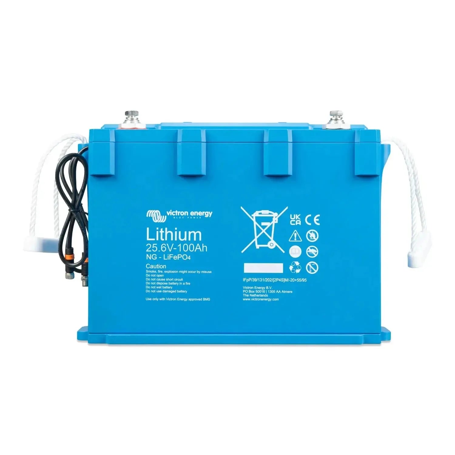 Victron Lithium 25.6V-100Ah NG LiFePO4 battery, bright blue rectangular unit with white cables and top-mounted terminals.