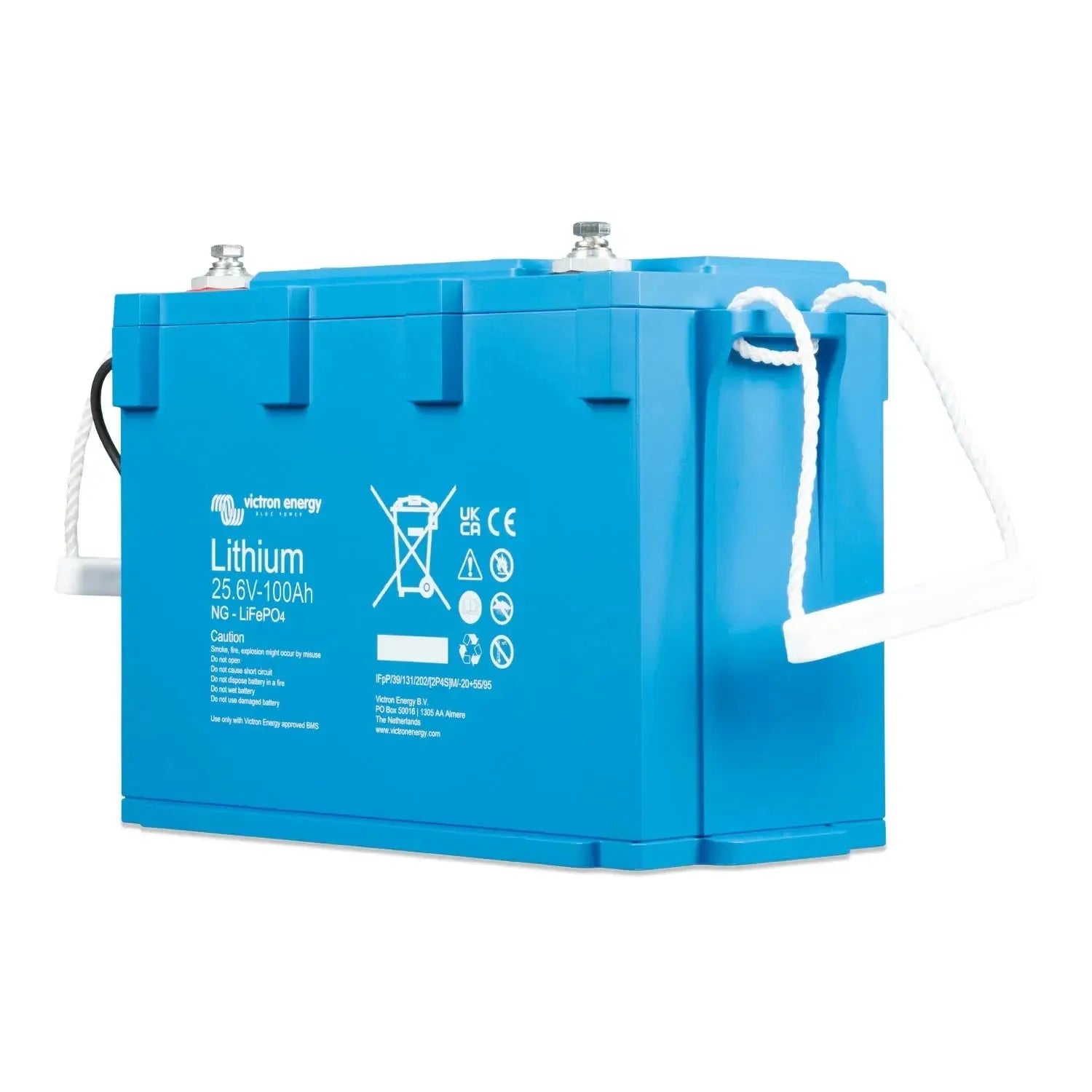 Victron Energy blue lithium 25.6V 100Ah battery with white handles and safety labels visible on front face.