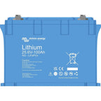Victron Energy blue lithium battery 25.6V-100Ah with safety warnings and certification logos on front panel.