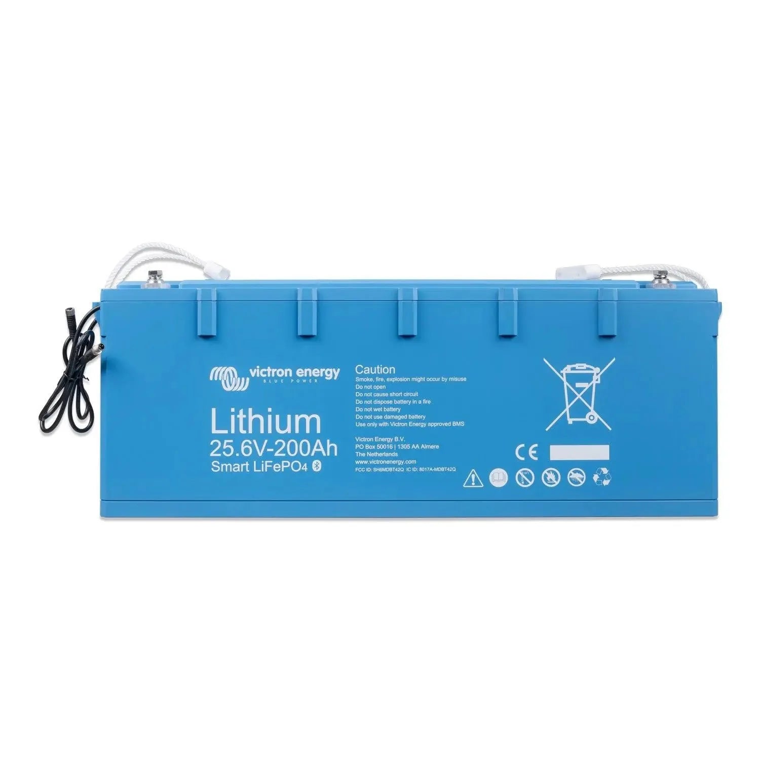 Victron Energy blue lithium battery 25.6V-200Ah with cables and mounting handles, front view product shot.