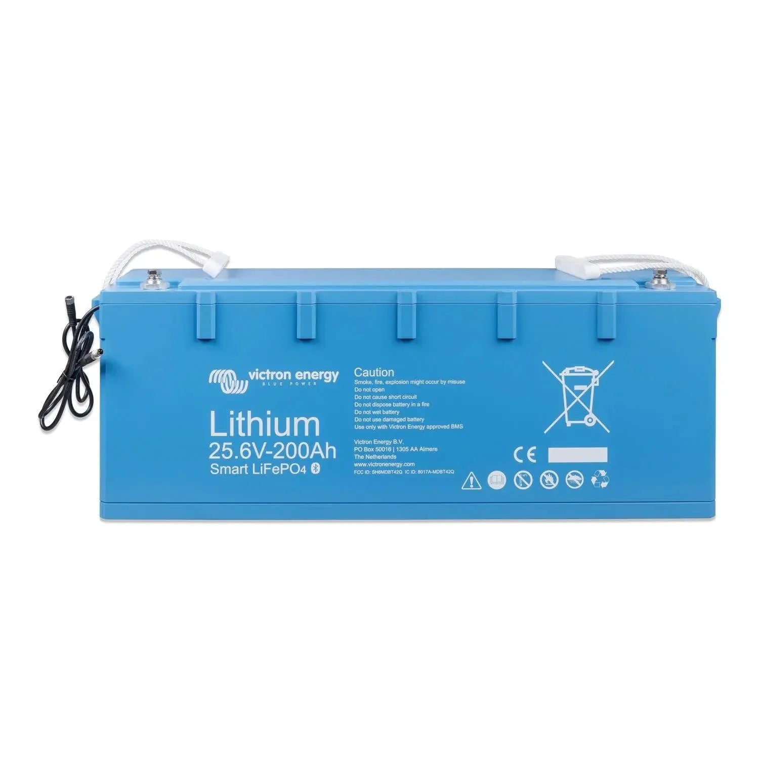 Victron Energy blue lithium 25.6V-200Ah Smart LiFePO4 battery with carry handles and attached power cable.