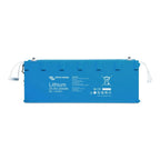 Victron Energy Lithium 25.6V 200Ah NG LiFePO4 battery, blue rectangular case with white terminals and caution labeling.