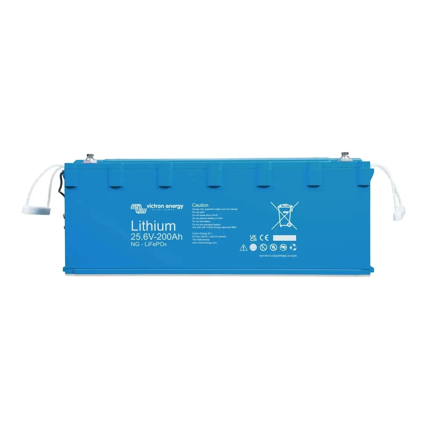 Victron Energy Lithium 25.6V 200Ah NG LiFePO4 battery, blue rectangular case with white terminals and caution labeling.