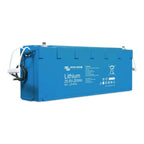Blue Victron Lithium 25.6V 200Ah LiFePO4 battery with cables and safety labels visible on front.