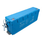 Victron Lithium 25.6V 200Ah LiFePO4 battery, bright blue rectangular case with terminals and cable connector visible.