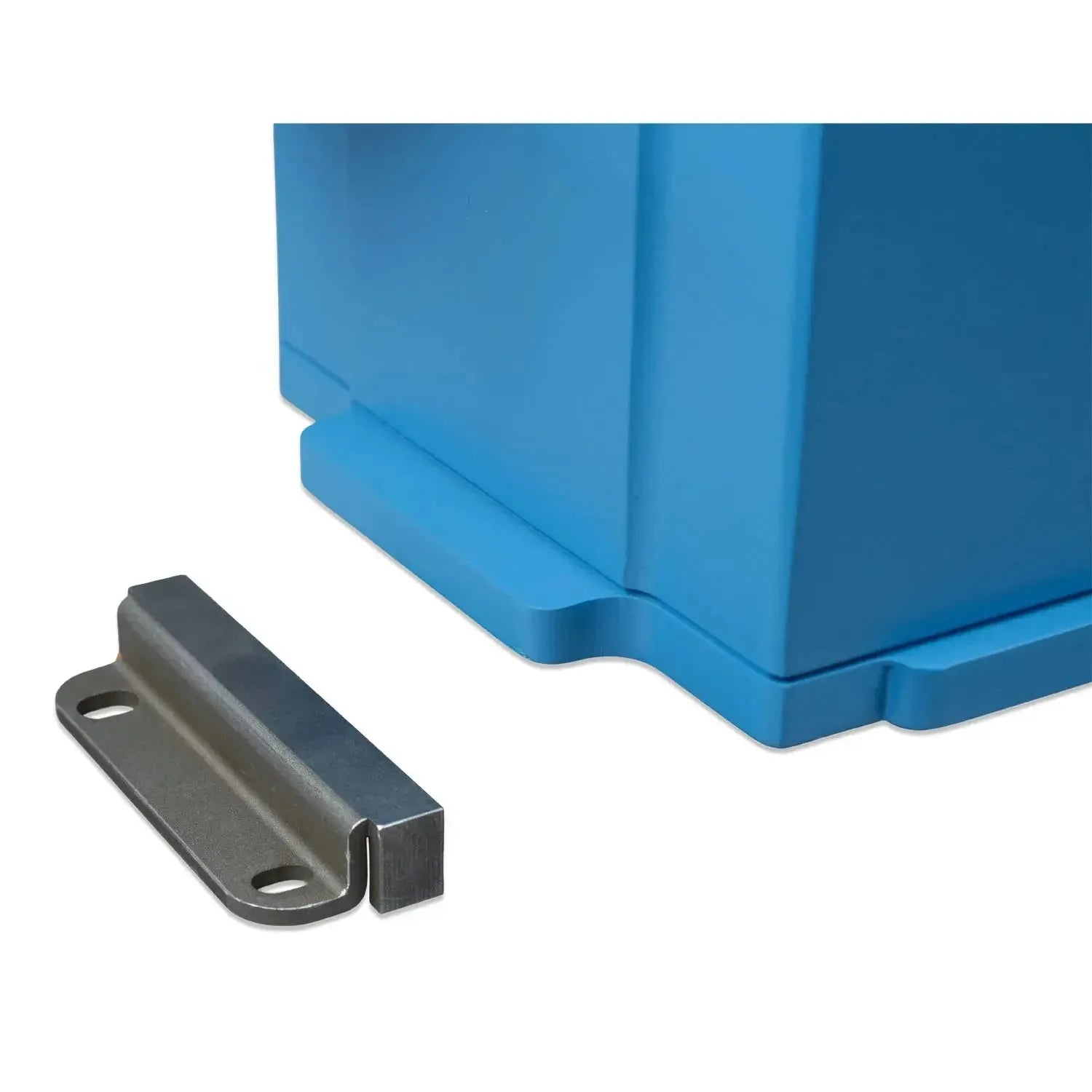 Blue lithium battery with metal mounting bracket, shown separately on white background.
