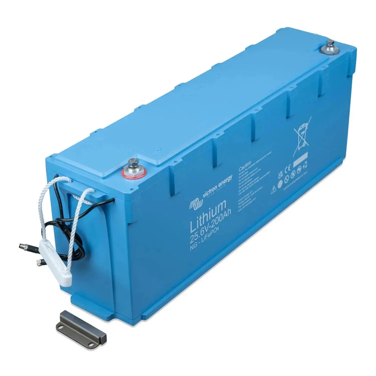 Blue lithium battery with Victron Energy branding, 25.6V 200Ah capacity, shown at angle with cables and mounting bracket visi
