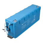 Blue rectangular lithium battery with Victron Energy branding, featuring terminal posts on top and white cable connectors on 