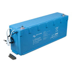 Victron Energy blue lithium 25.6V 200Ah battery with attached cables and mounting bracket, product shot on white background.