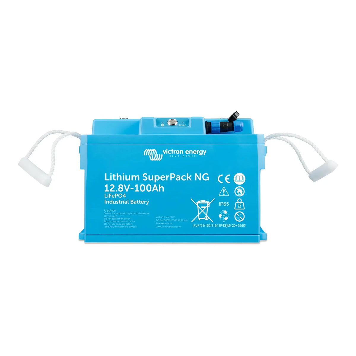 Victron Energy Lithium SuperPack NG 12.8V-100Ah LiFePO4 industrial battery with white handles against white background.