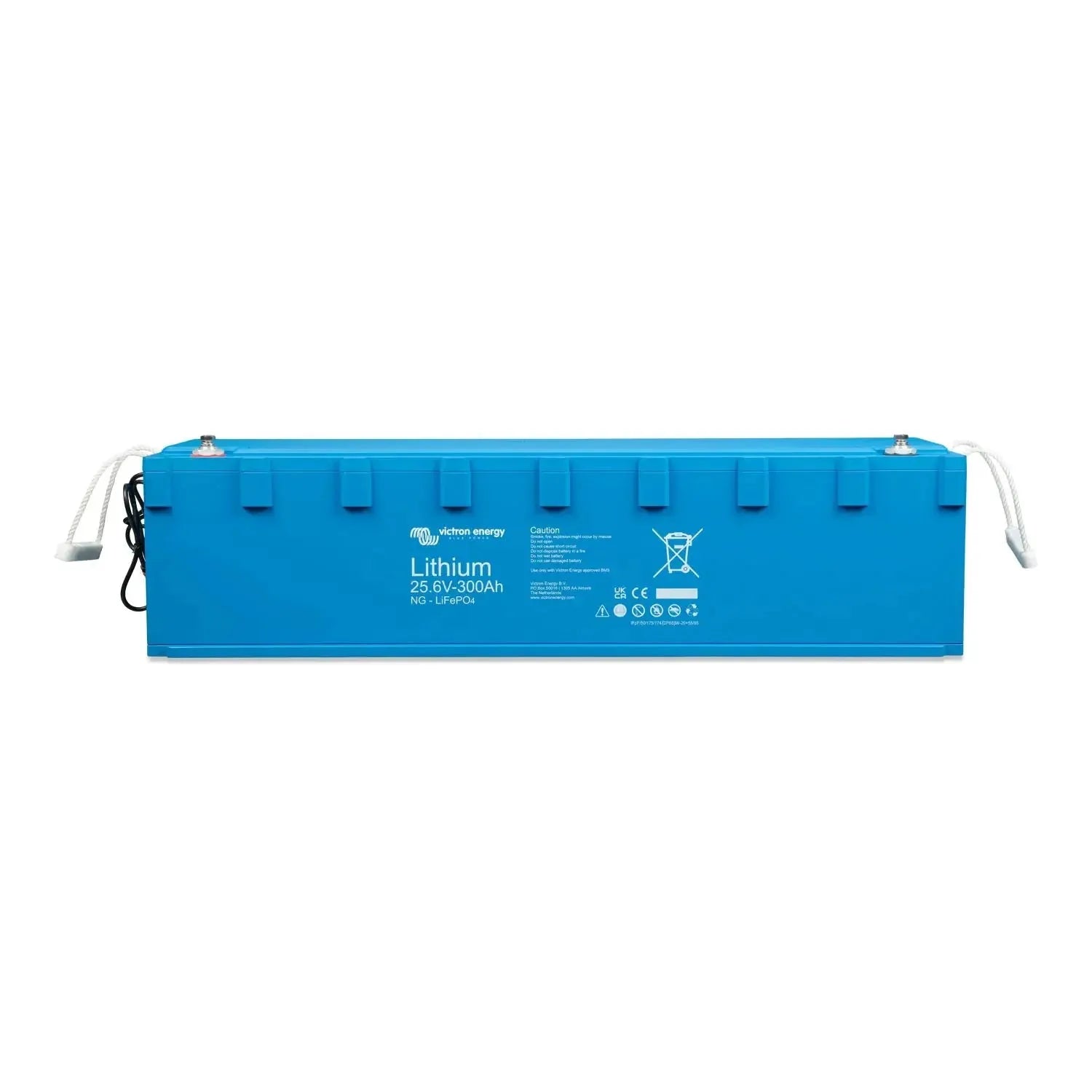 Victron Energy Lithium 25.6V 300Ah NG LiFePO4 battery, blue rectangular unit with white handles and cable.