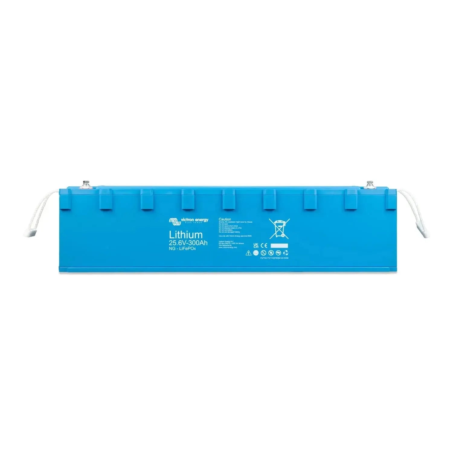 Victron Energy blue lithium battery 25.6V 300Ah with white handles and certification labels on front face.