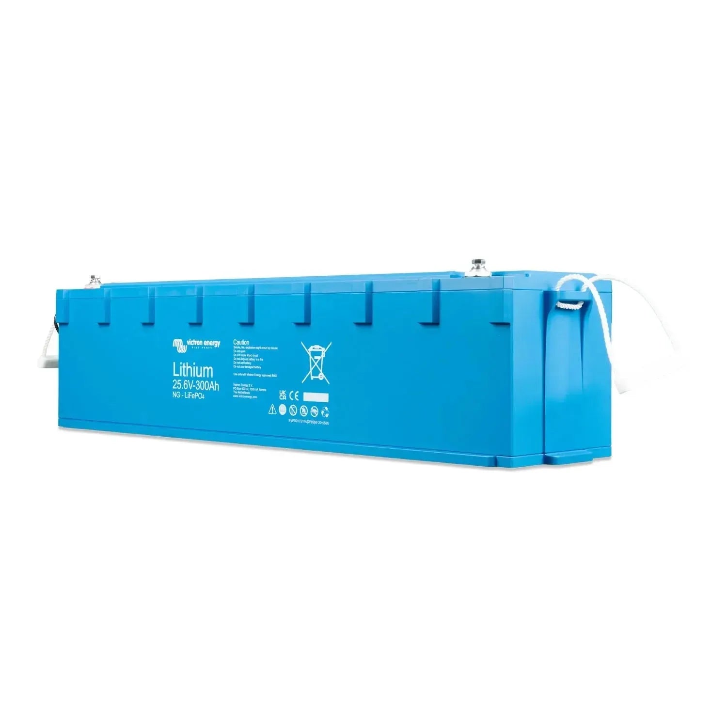 Victron Energy blue lithium battery 25.6V 300Ah with safety certifications and warning labels visible on front panel.