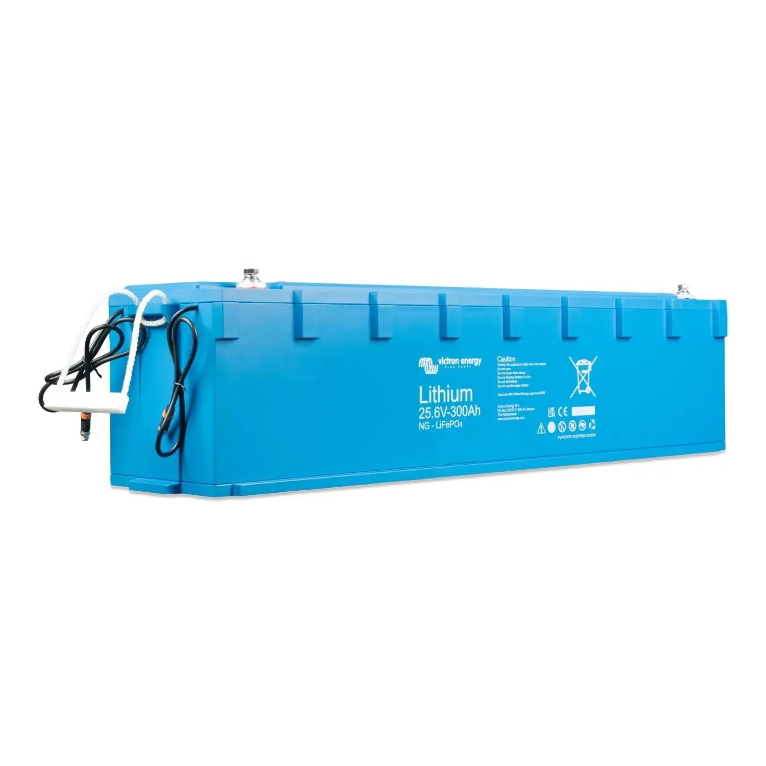 Blue lithium battery unit with Victron Energy branding, 25.6V 300Ah capacity, shown at angle with charging cable attached.