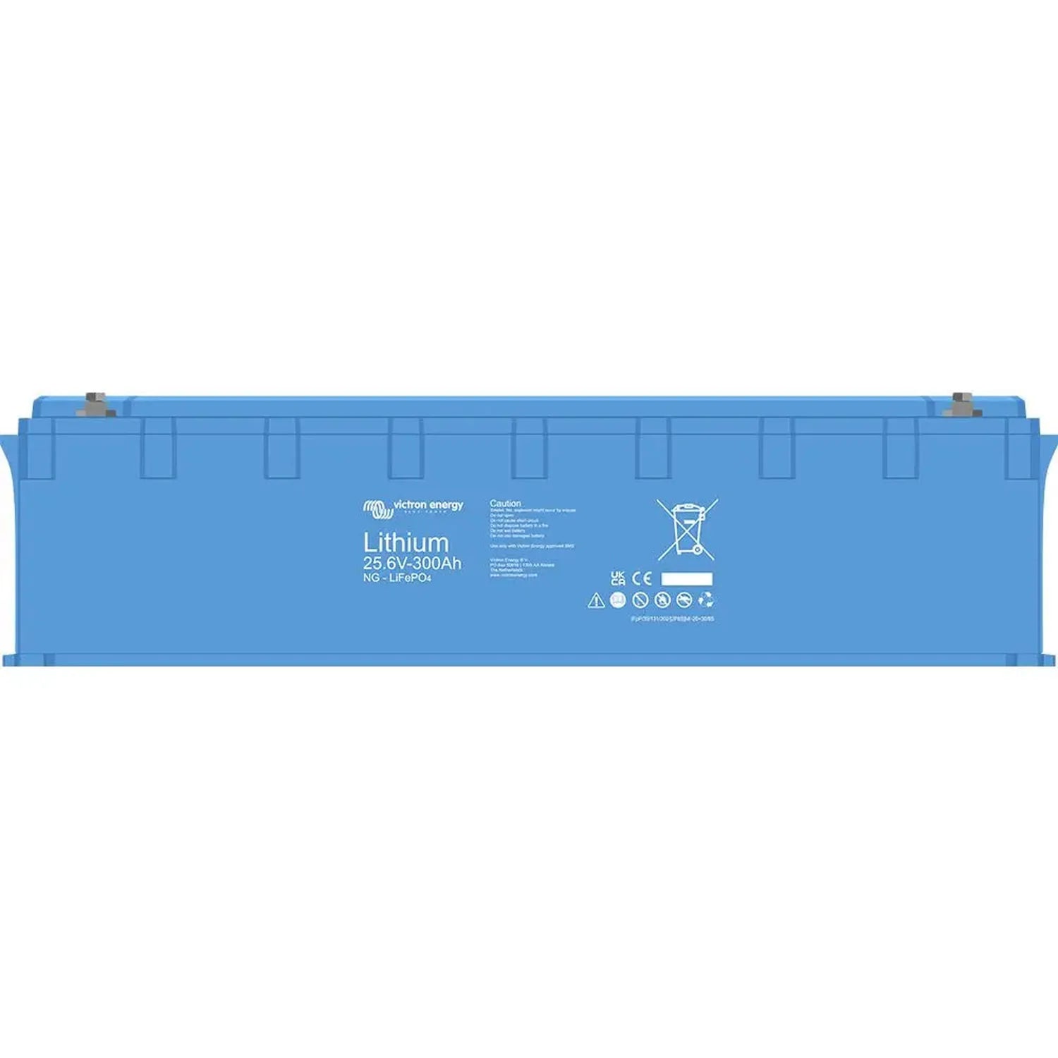 Victron Lithium 25.6V-300Ah NG-LiFePO4 battery, blue rectangular casing with white text and certification logos visible on fr