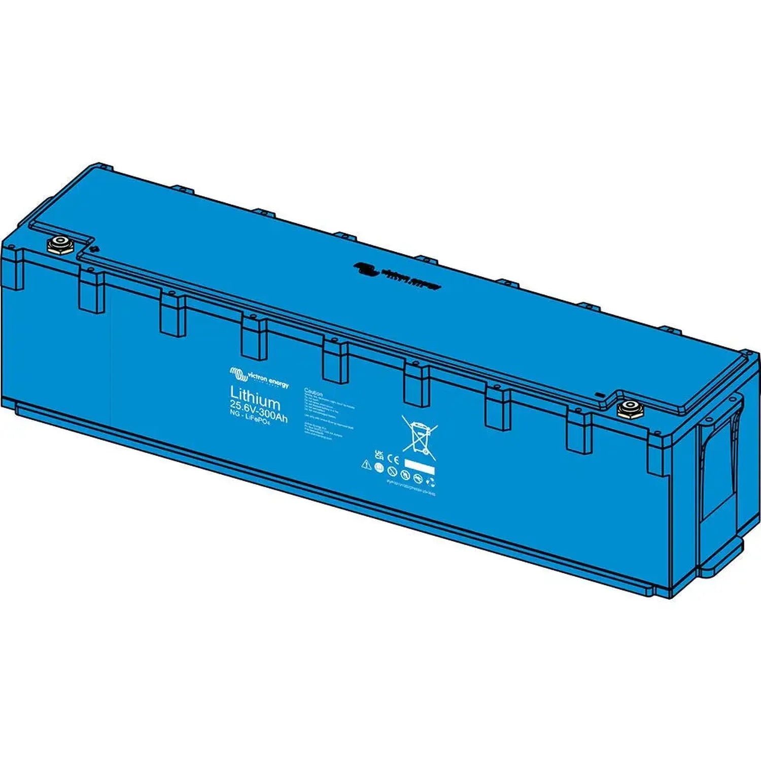 Blue lithium battery with terminal connectors and safety certification marks visible on front face, isometric product view.