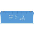 Victron Energy blue lithium 51.2V 100Ah LiFePO4 battery with warning symbols and regulatory markings on front face.