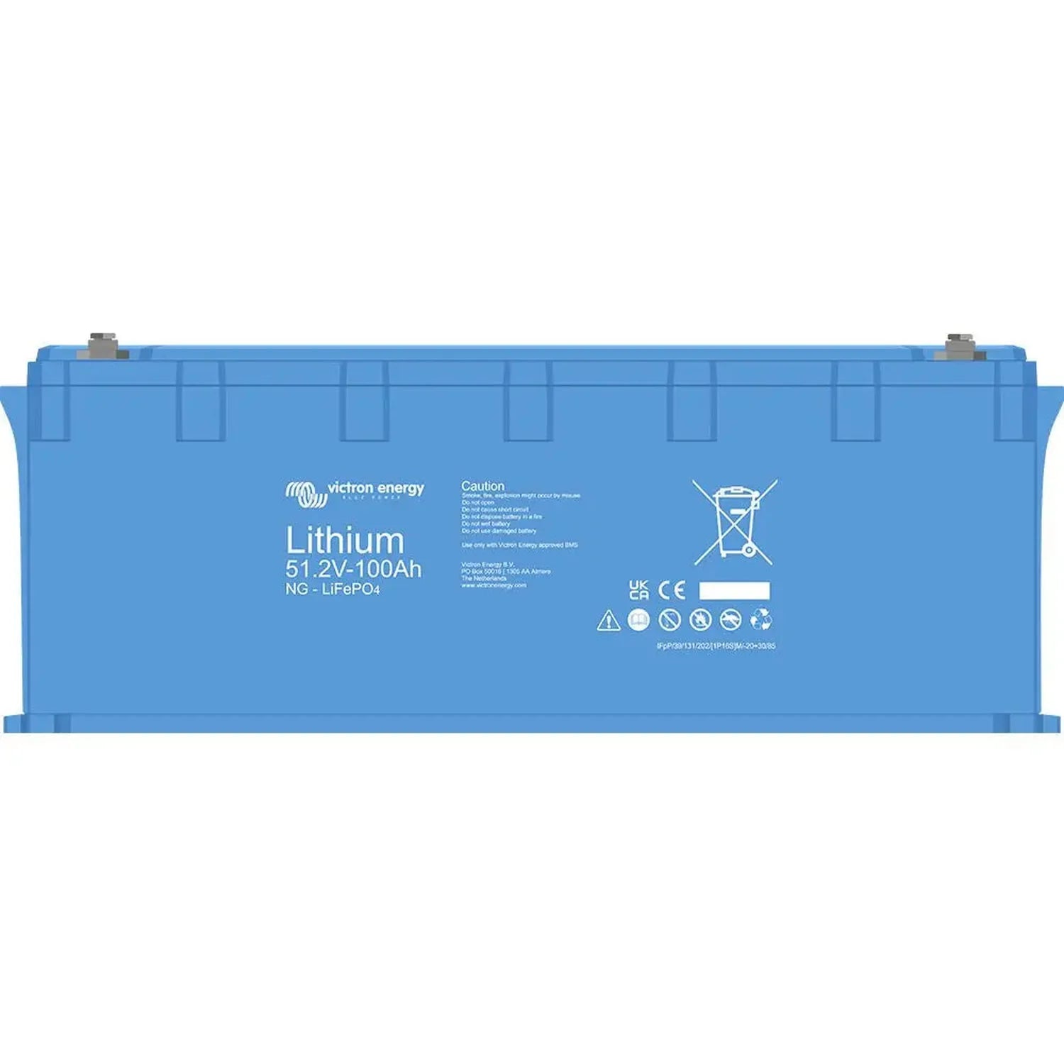 Victron Energy blue lithium 51.2V 100Ah LiFePO4 battery with warning symbols and regulatory markings on front face.