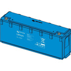 Blue rectangular lithium battery with Victron Energy branding, shown in isometric product illustration view.