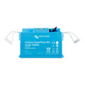 Victron Energy Lithium SuperPack NG 12.8V-100Ah blue battery with white handles and connection ports on white background.