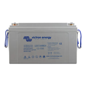 Victron Energy 12V 106Ah lead carbon rechargeable battery with blue handles and gold terminals, front view product shot.